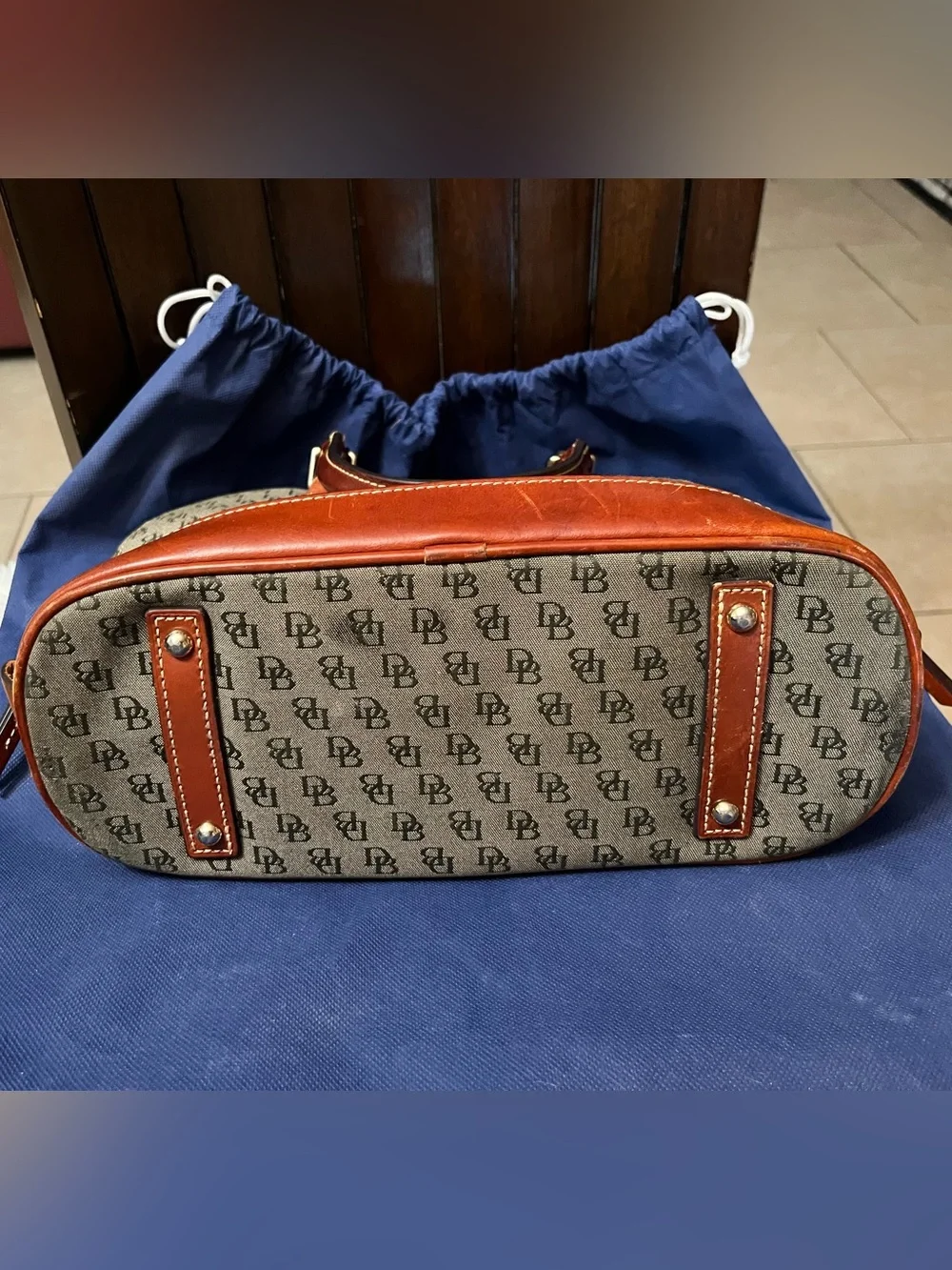 Dooney & Bourke Tan DB Logo Dome Zip Zip Satchel with Brown Leather Trim